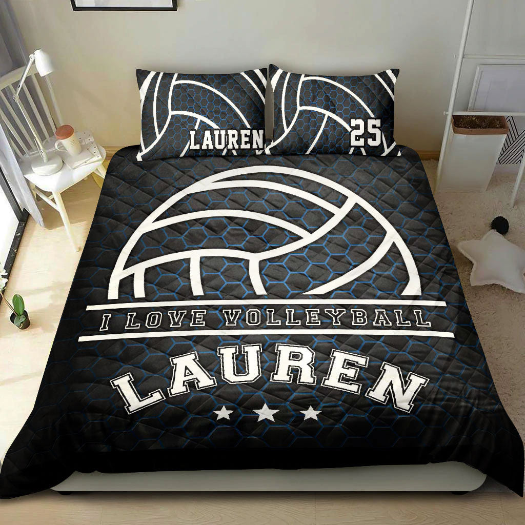 Ohaprints-Quilt-Bed-Set-Pillowcase-Volleyball-Player-Fan-Black-White-Honeycomb-Custom-Personalized-Name-Number-Blanket-Bedspread-Bedding-2737-King (90'' x 100'')