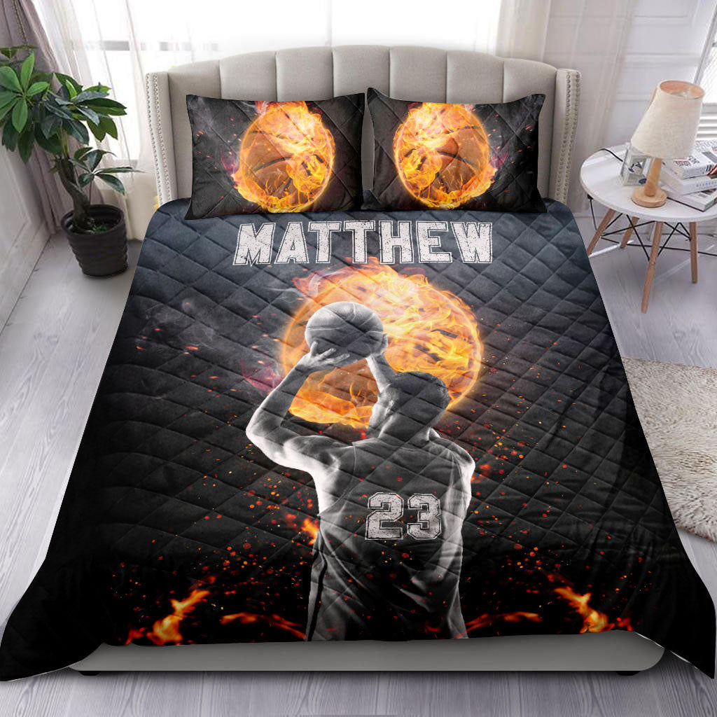 Ohaprints-Quilt-Bed-Set-Pillowcase-Basketball-Boy-Fire-Ball-Player-Fan-Black-Custom-Personalized-Name-Number-Blanket-Bedspread-Bedding-2751-King (90'' x 100'')