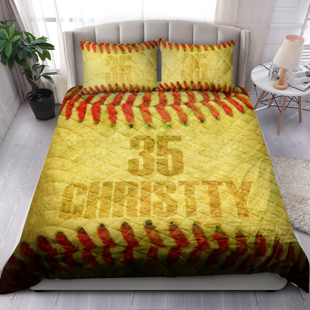 Ohaprints-Quilt-Bed-Set-Pillowcase-Softball-Texture-Yellow-Player-Fan-Gift-Idea-Custom-Personalized-Name-Number-Blanket-Bedspread-Bedding-2182-King (90'' x 100'')