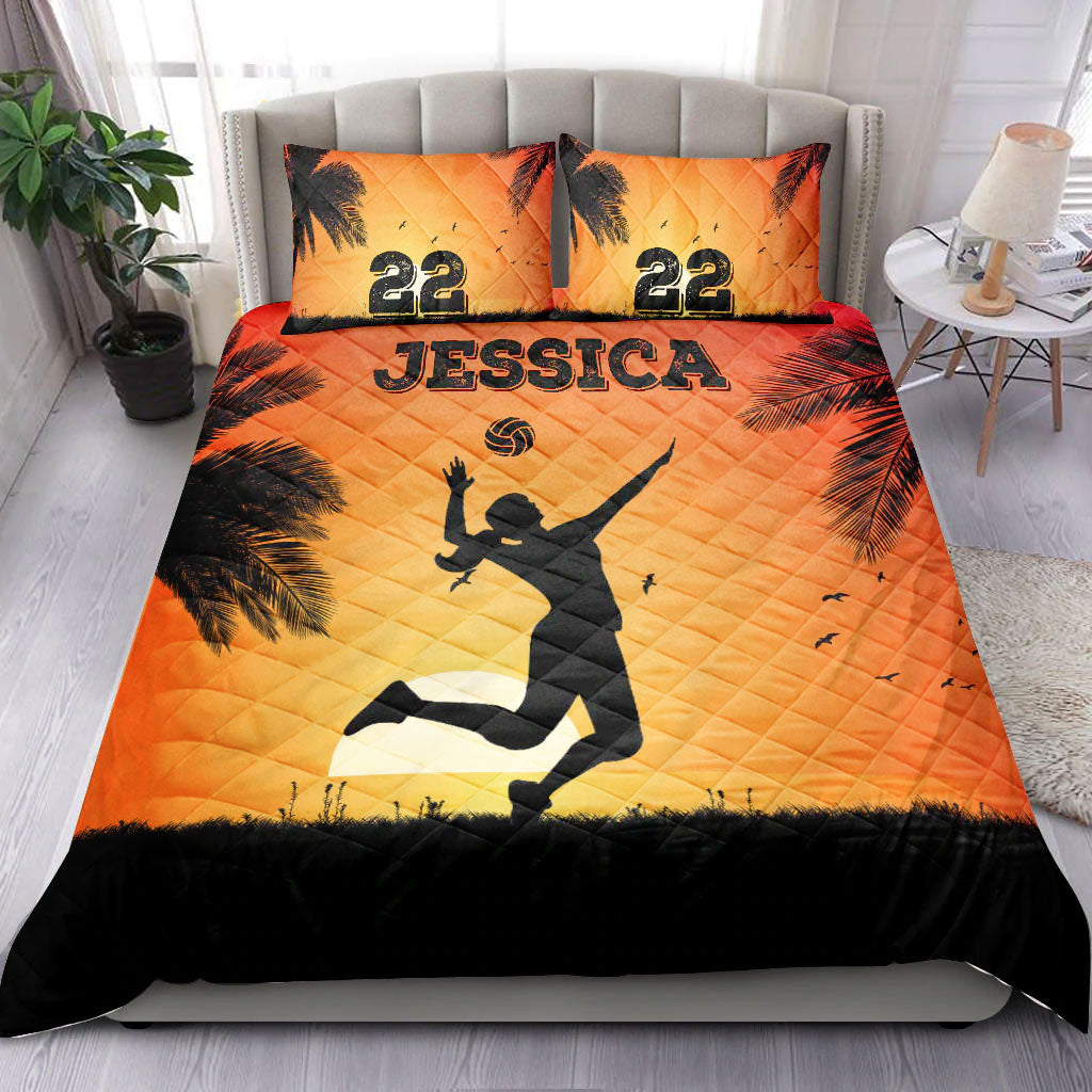 Ohaprints-Quilt-Bed-Set-Pillowcase-Volleyball-Girl-Sunset-Orange-Player-Fan-Gift-Custom-Personalized-Name-Number-Blanket-Bedspread-Bedding-2157-King (90'' x 100'')