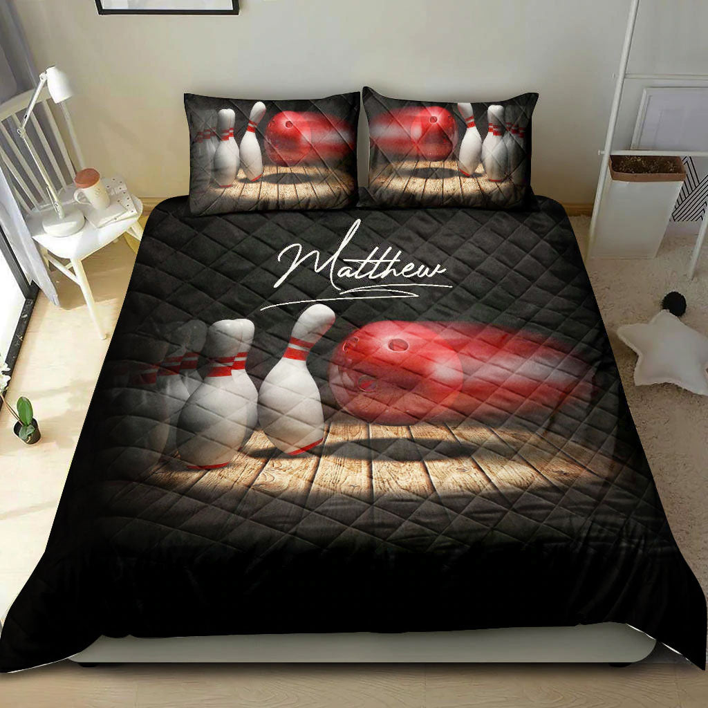 Ohaprints-Quilt-Bed-Set-Pillowcase-Bowling-Ball-Pin-Bowler-Player-Fan-Gift-Black-Custom-Personalized-Name-Number-Blanket-Bedspread-Bedding-2752-King (90'' x 100'')