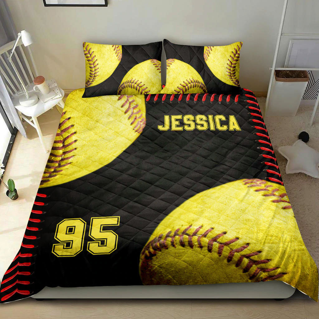 Ohaprints-Quilt-Bed-Set-Pillowcase-Softball-Ball-3D-Player-Fan-Gift-Idea-Black-Custom-Personalized-Name-Number-Blanket-Bedspread-Bedding-2836-King (90'' x 100'')