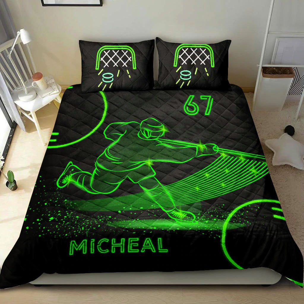 Ohaprints-Quilt-Bed-Set-Pillowcase-Ice-Hockey-Neon-Green-Player-Fan-Gift-Black-Custom-Personalized-Name-Number-Blanket-Bedspread-Bedding-1641-King (90'' x 100'')