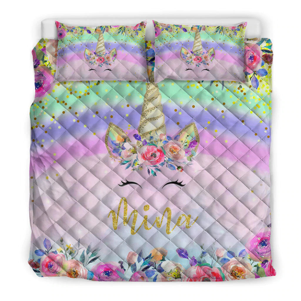 Ohaprints-Quilt-Bed-Set-Pillowcase-Floral-Unicorn-Girl-Flower-Rainbow-Pink-Unique-Gift-Custom-Personalized-Name-Blanket-Bedspread-Bedding-2800-King (90'' x 100'')