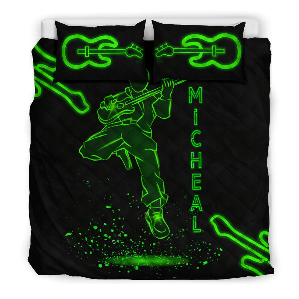 Ohaprints-Quilt-Bed-Set-Pillowcase-Electric-Bass-Guitarist-Neon-Green-Music-Theme-Gift-Custom-Personalized-Name-Blanket-Bedspread-Bedding-447-King (90'' x 100'')