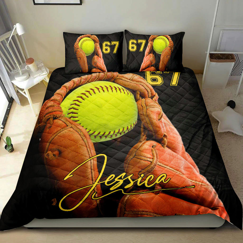 Ohaprints-Quilt-Bed-Set-Pillowcase-Softball-Gloves-Ball-Player-Fan-Unique-Gift-Custom-Personalized-Name-Number-Blanket-Bedspread-Bedding-2236-King (90'' x 100'')