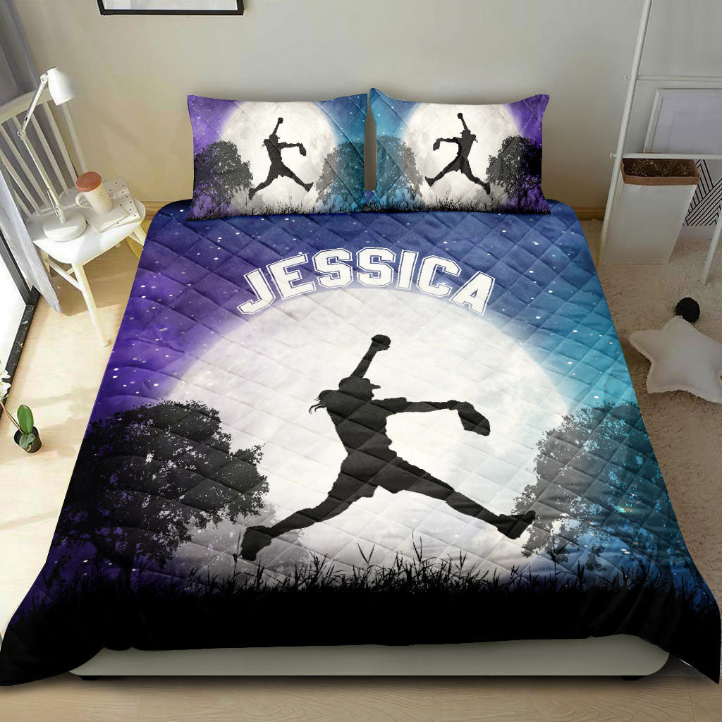 Ohaprints-Quilt-Bed-Set-Pillowcase-Softball-Moon-Girl-Player-Galaxy-Sky-Fan-Gift-Idea-Custom-Personalized-Name-Blanket-Bedspread-Bedding-2742-King (90'' x 100'')