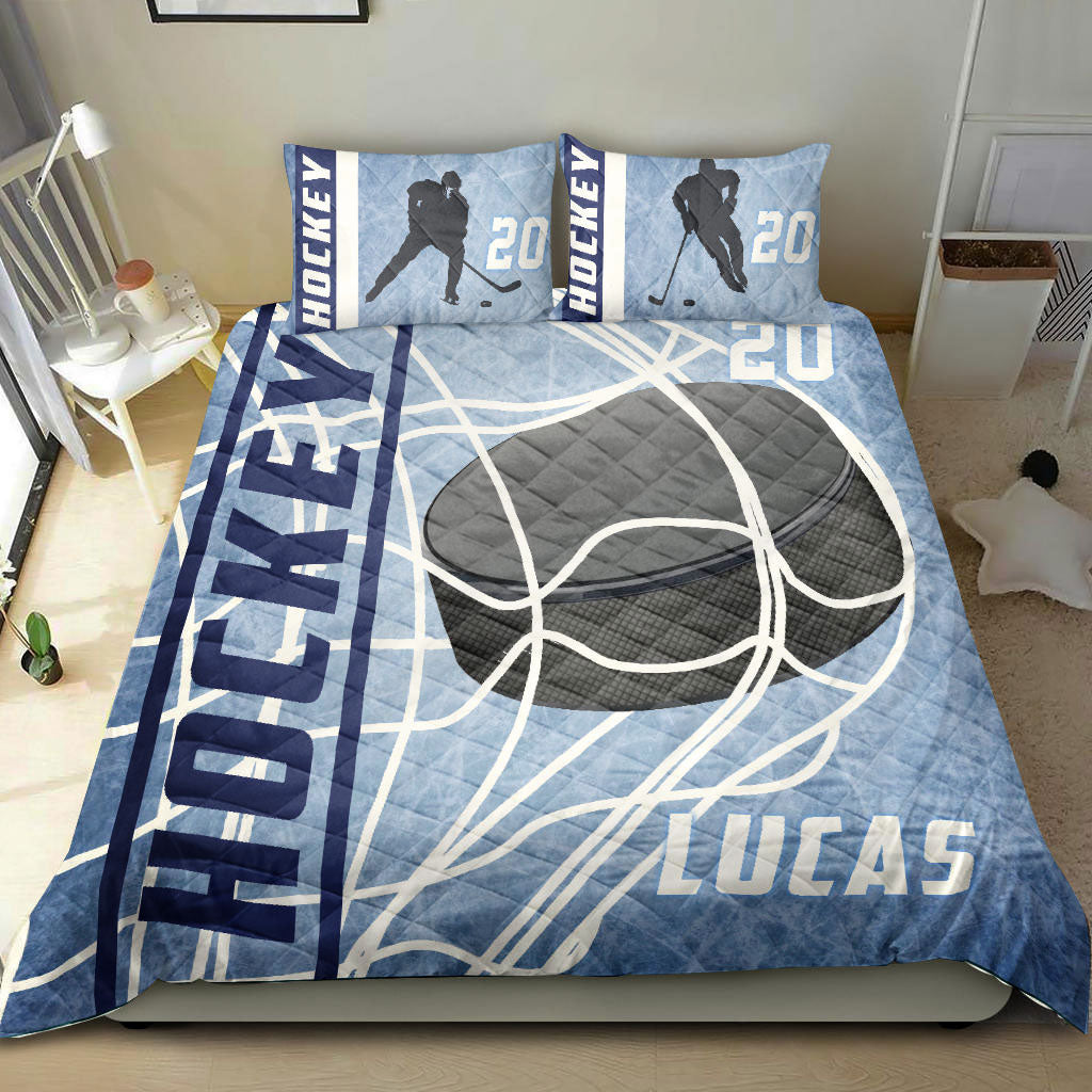 Ohaprints-Quilt-Bed-Set-Pillowcase-Ice-Hockey-Puck-Player-Fan-Gift-Idea-Blue-Custom-Personalized-Name-Number-Blanket-Bedspread-Bedding-464-King (90'' x 100'')