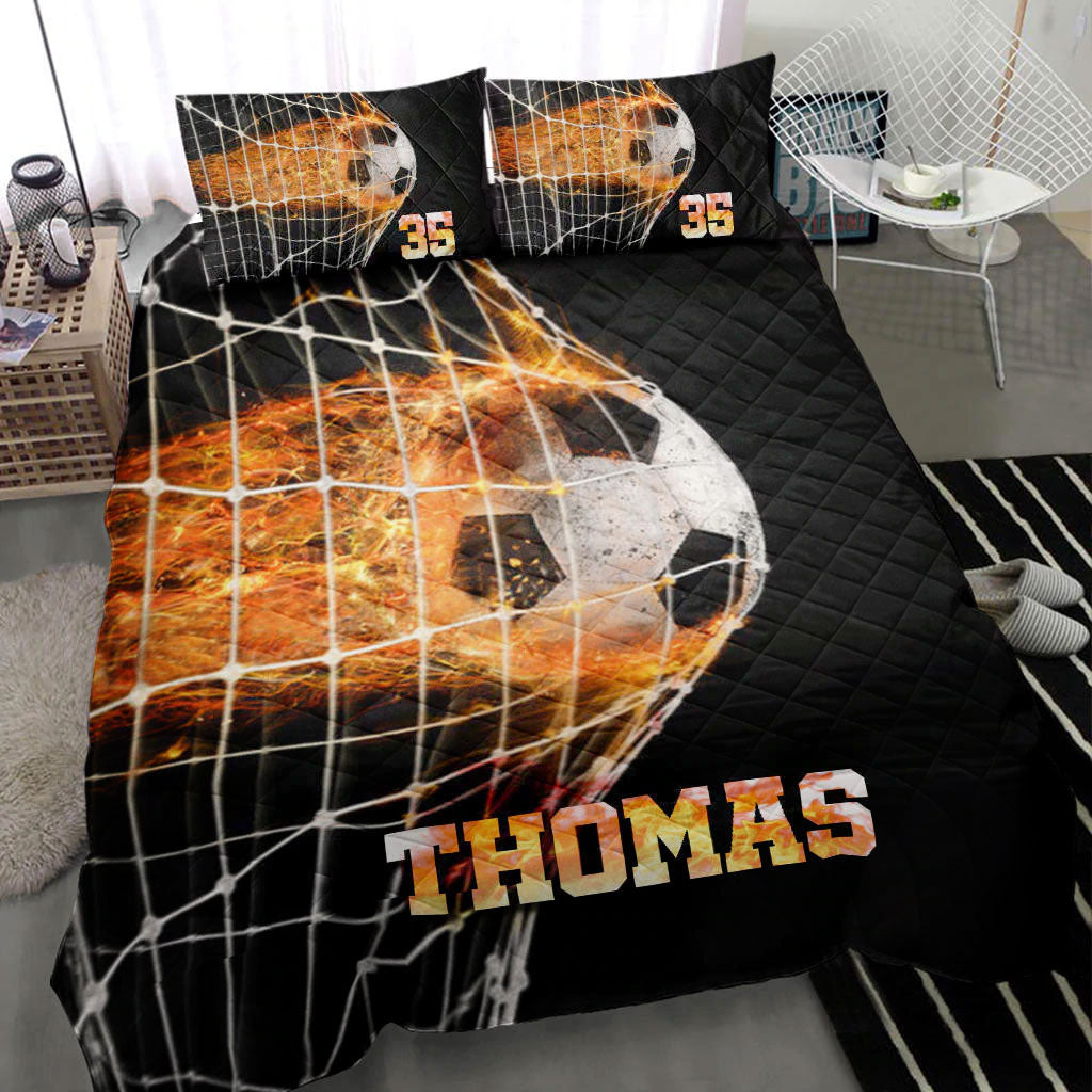 Ohaprints-Quilt-Bed-Set-Pillowcase-Fire-Soccer-Ball-In-Net-Player-Fan-Gift-Black-Custom-Personalized-Name-Number-Blanket-Bedspread-Bedding-2199-King (90'' x 100'')