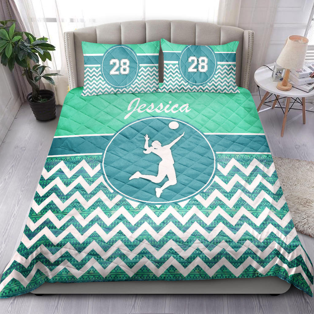 Ohaprints-Quilt-Bed-Set-Pillowcase-Volleyball-Girl-Zig-Zag-Player-Fan-Blue-Green-Custom-Personalized-Name-Number-Blanket-Bedspread-Bedding-400-King (90'' x 100'')
