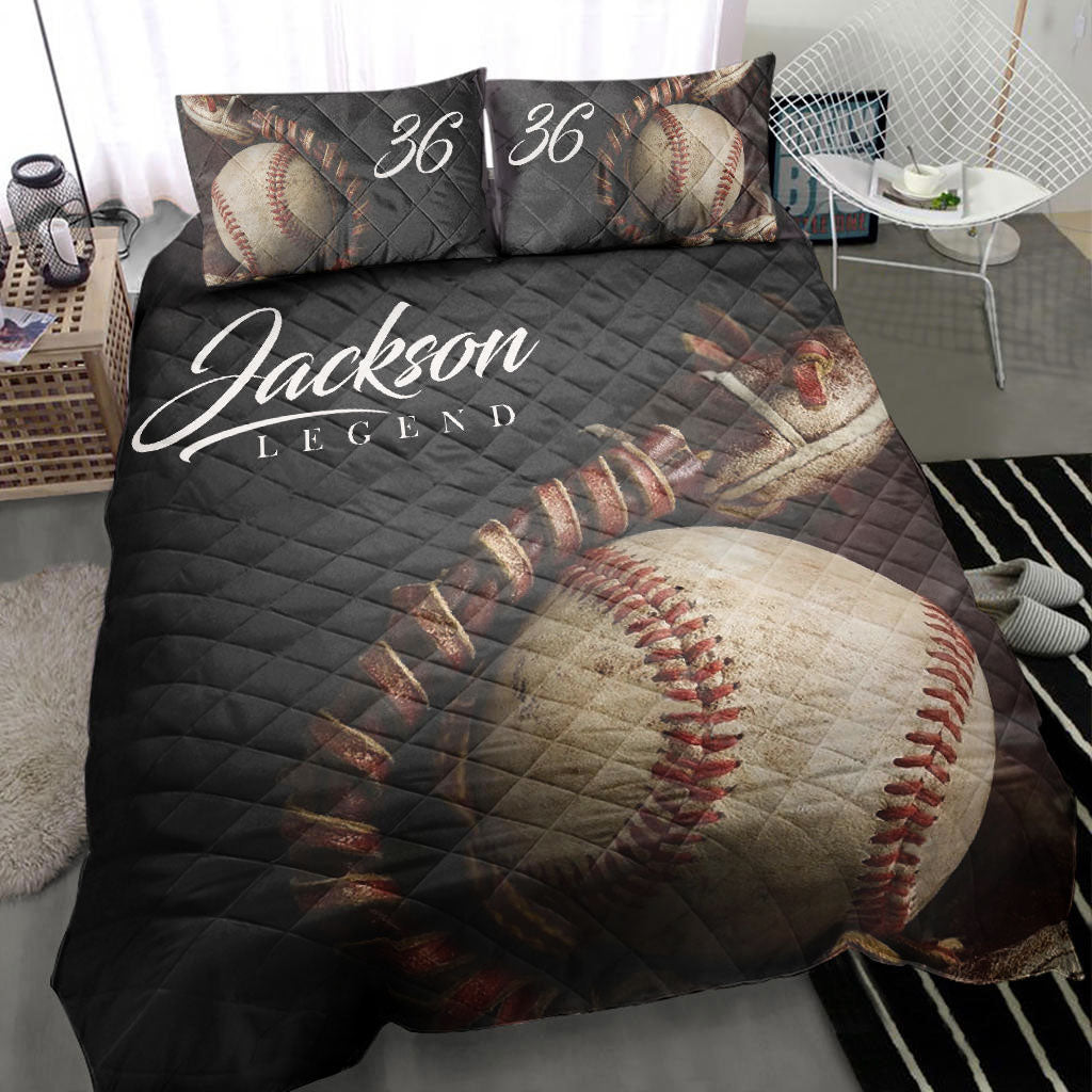 Ohaprints-Quilt-Bed-Set-Pillowcase-Baseball-Glove-Ball-Vintage-Black-Player-Fan-Custom-Personalized-Name-Number-Blanket-Bedspread-Bedding-1622-King (90'' x 100'')