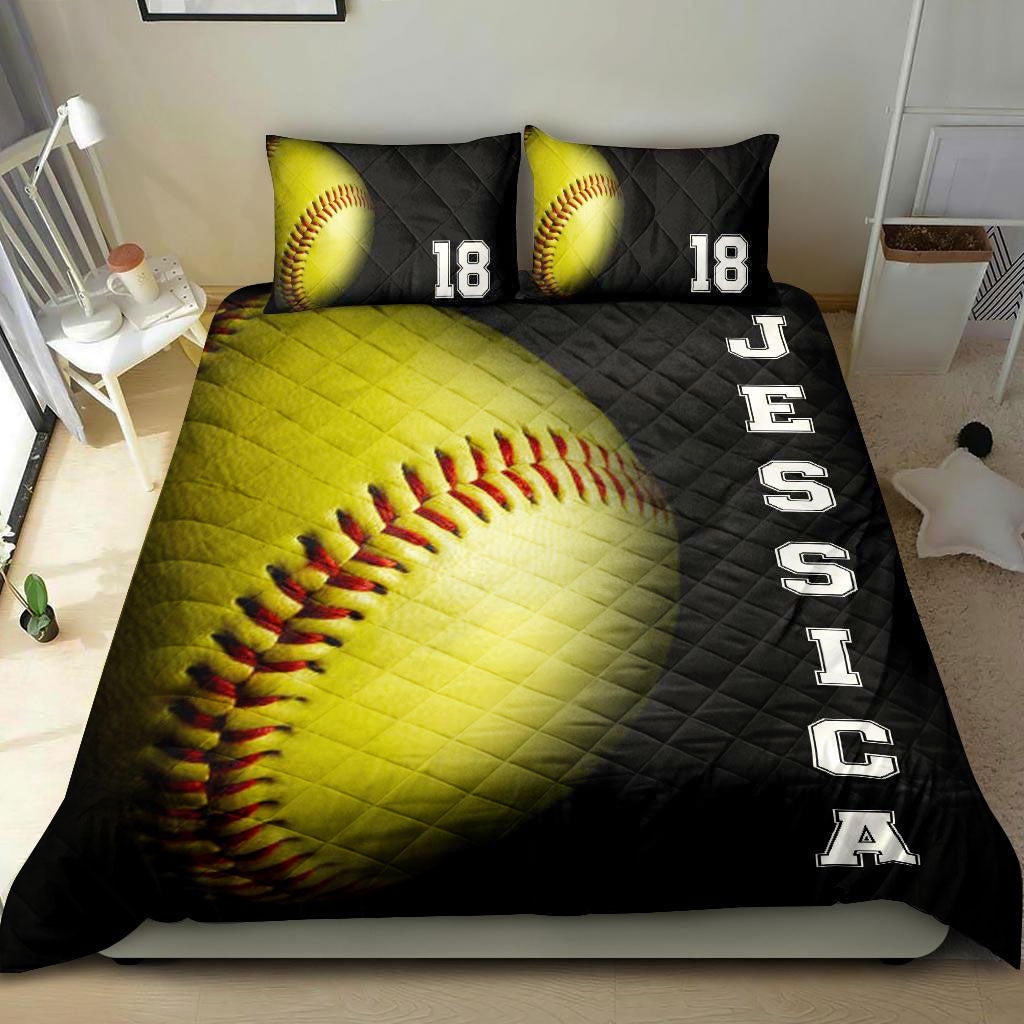 Ohaprints-Quilt-Bed-Set-Pillowcase-Softball-Ball-3D-Player-Fan-Unique-Gift-Black-Custom-Personalized-Name-Number-Blanket-Bedspread-Bedding-1660-King (90'' x 100'')