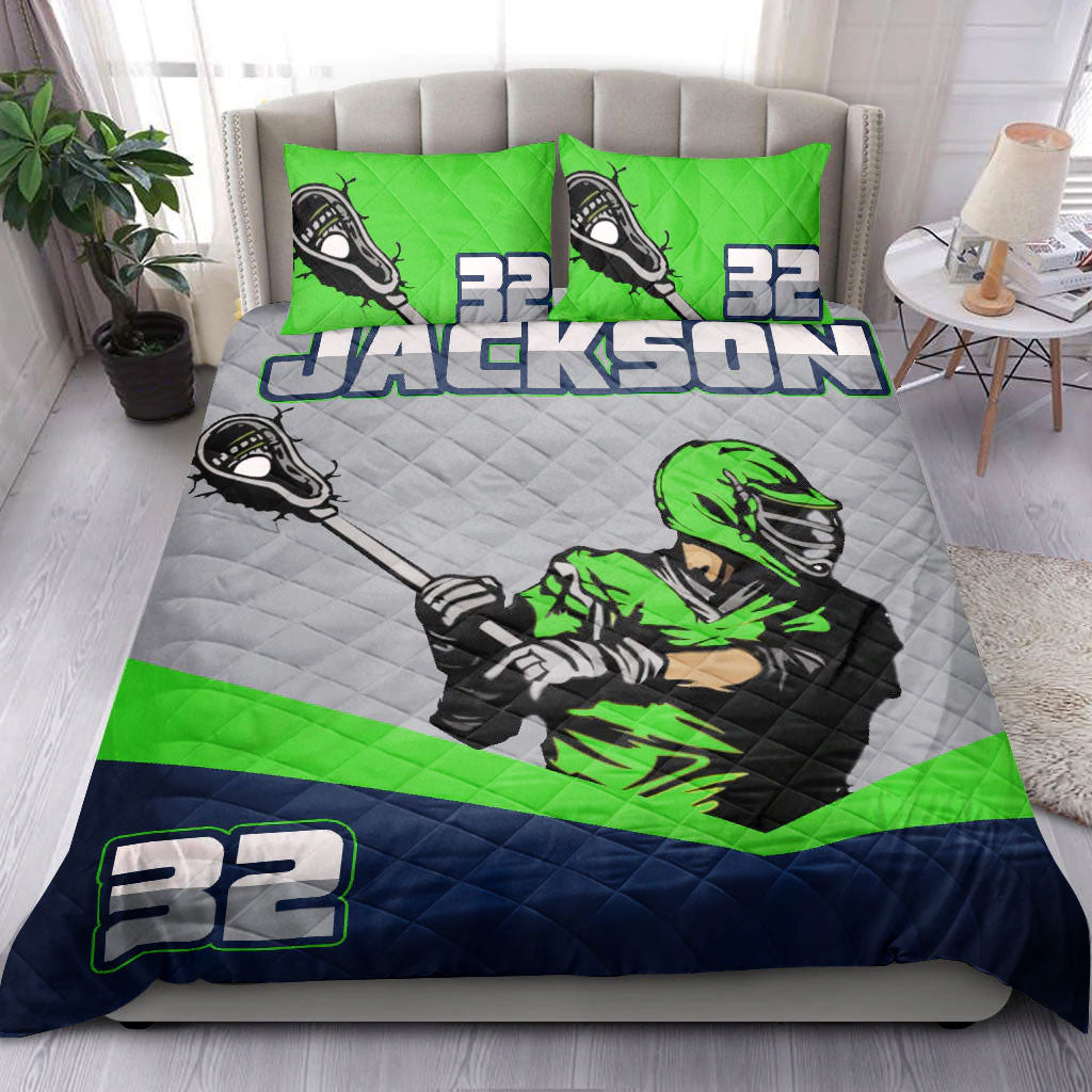 Ohaprints-Quilt-Bed-Set-Pillowcase-Lacrosse-Boy-Player-Fan-Gift-Idea-Green-Grey-Custom-Personalized-Name-Number-Blanket-Bedspread-Bedding-1655-King (90'' x 100'')