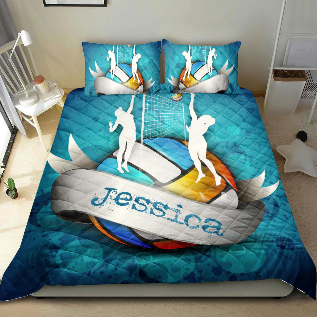Ohaprints-Quilt-Bed-Set-Pillowcase-Volleyball-Girl-Player-Fan-Gift-Idea-Blue-Turquoise-Custom-Personalized-Name-Blanket-Bedspread-Bedding-2744-King (90'' x 100'')