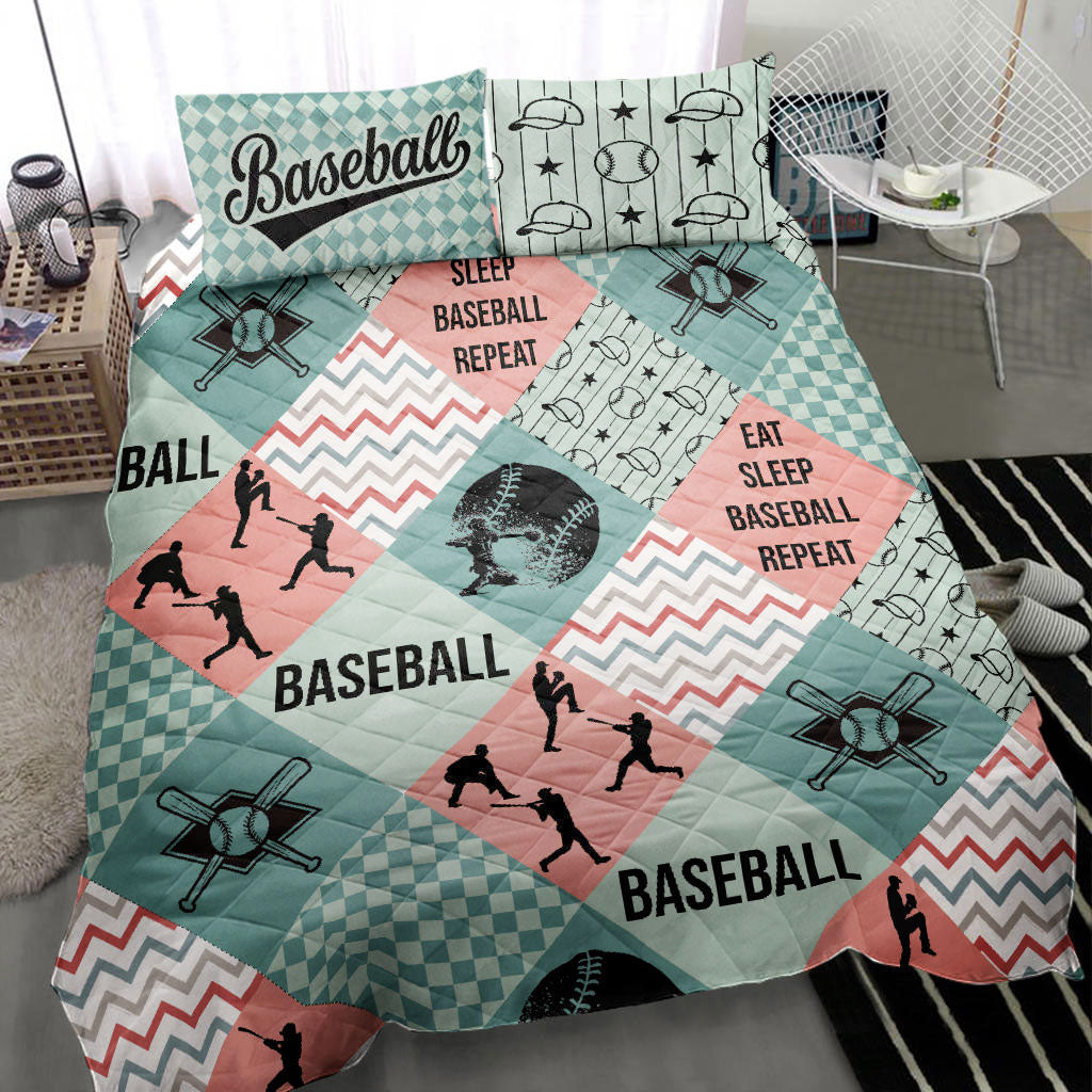 Ohaprints-Quilt-Bed-Set-Pillowcase-Baseball-Caro-Patchwork-Blue-Green-Player-Pose-Batter-Blanket-Bedspread-Bedding-2119-Throw (55'' x 60'')