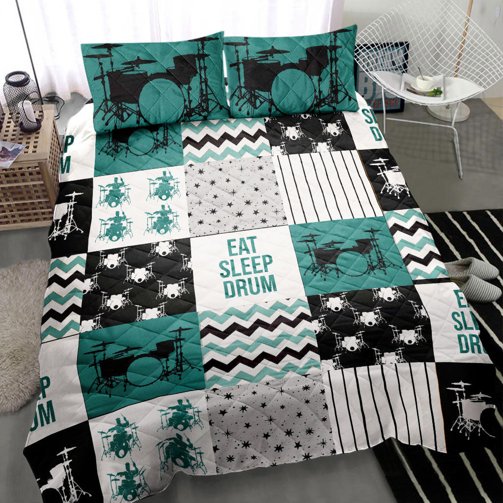 Ohaprints-Quilt-Bed-Set-Pillowcase-Eat-Sleep-Drums-Patchwork-Music-Theme-Drummer-Black-Green-Blanket-Bedspread-Bedding-2713-Throw (55'' x 60'')