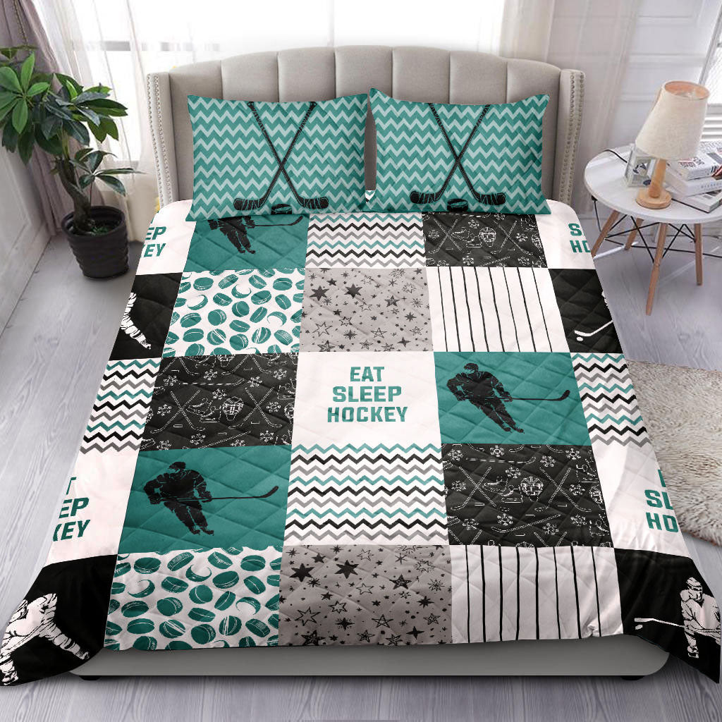Ohaprints-Quilt-Bed-Set-Pillowcase-America-Hockey-Boy-Player-Gift-Fan-Eat-Sleep-Hockey-Lover-Patchwork-Green-Blanket-Bedspread-Bedding-1535-Double (70'' x 80'')