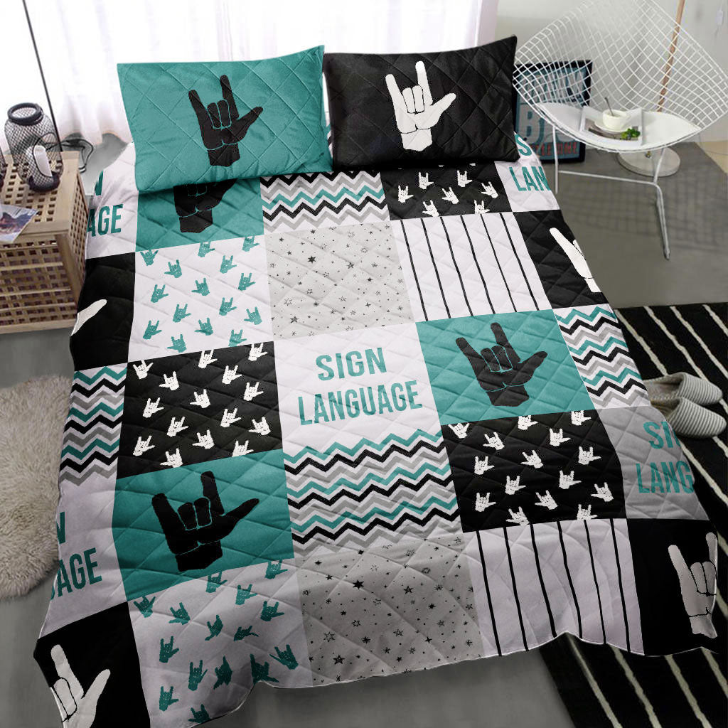 Ohaprints-Quilt-Bed-Set-Pillowcase-Nonverbal-Sign-Language-Hand-Sign-Black-Green-Patchwork-Blanket-Bedspread-Bedding-2714-Throw (55'' x 60'')