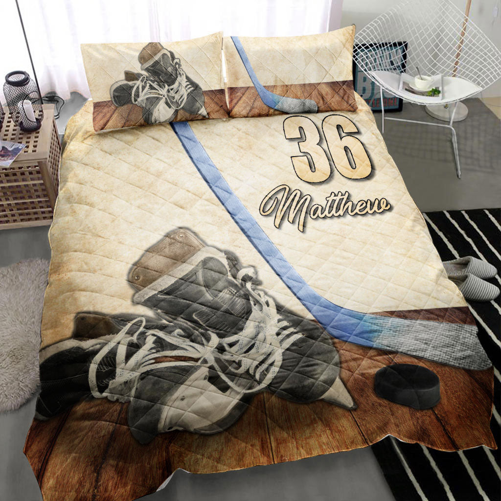 Ohaprints-Quilt-Bed-Set-Pillowcase-Hockey-Shoes-Stick-Player-Fan-Vintage-Beige-Custom-Personalized-Name-Number-Blanket-Bedspread-Bedding-2123-Throw (55'' x 60'')