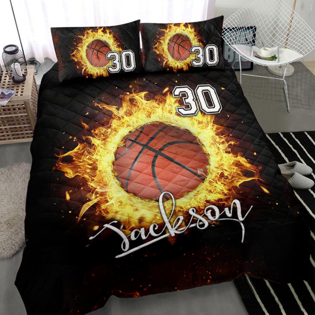Ohaprints-Quilt-Bed-Set-Pillowcase-Fire-Basketball-Ball-Player-Fan-Gift-Black-Custom-Personalized-Name-Number-Blanket-Bedspread-Bedding-2124-Throw (55'' x 60'')