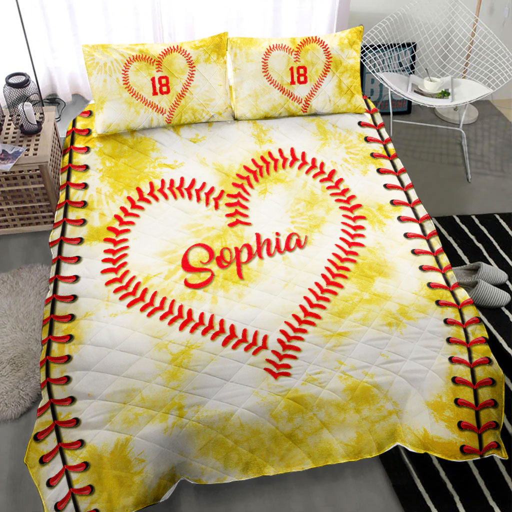 Ohaprints-Quilt-Bed-Set-Pillowcase-Softball-Lace-Yellow-Tie-Dye-Heart-Girl-Player-Custom-Personalized-Name-Number-Blanket-Bedspread-Bedding-959-Throw (55'' x 60'')