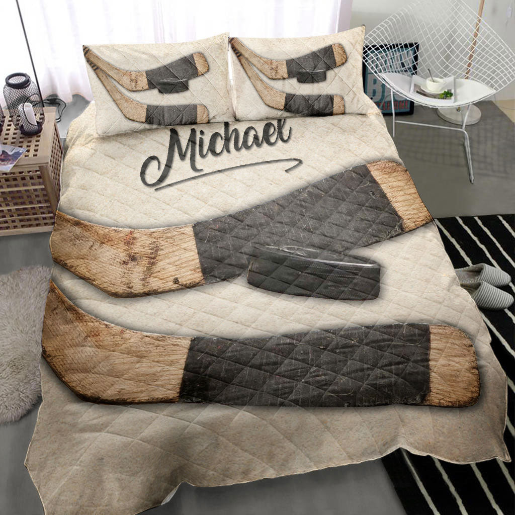 Ohaprints-Quilt-Bed-Set-Pillowcase-Hockey-Stick-Puck-Vintage-Beige-Player-Fan-Gift-Custom-Personalized-Name-Blanket-Bedspread-Bedding-1540-Throw (55'' x 60'')