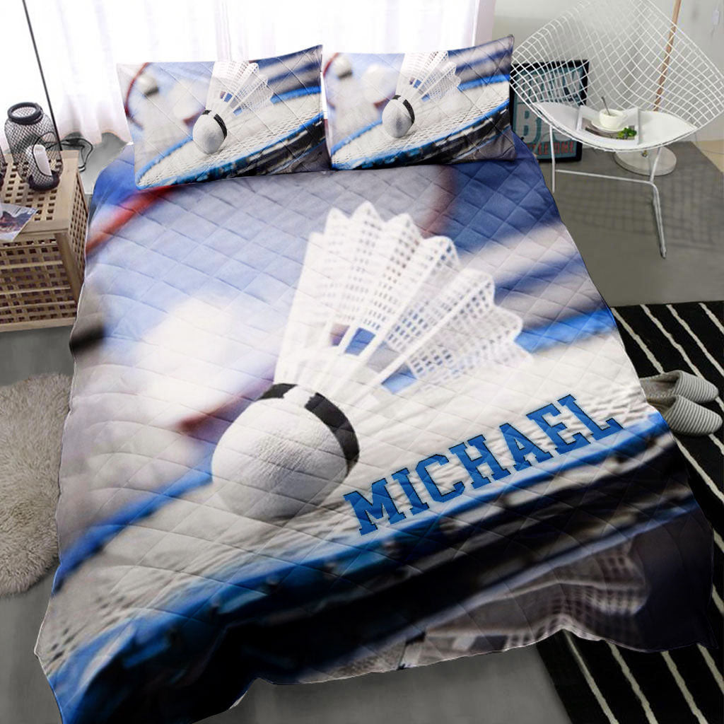 Ohaprints-Quilt-Bed-Set-Pillowcase-Badminton-Player-Blue-Racket-Shuttlecock-3D-Printed-Custom-Personalized-Name-Blanket-Bedspread-Bedding-1543-Throw (55'' x 60'')