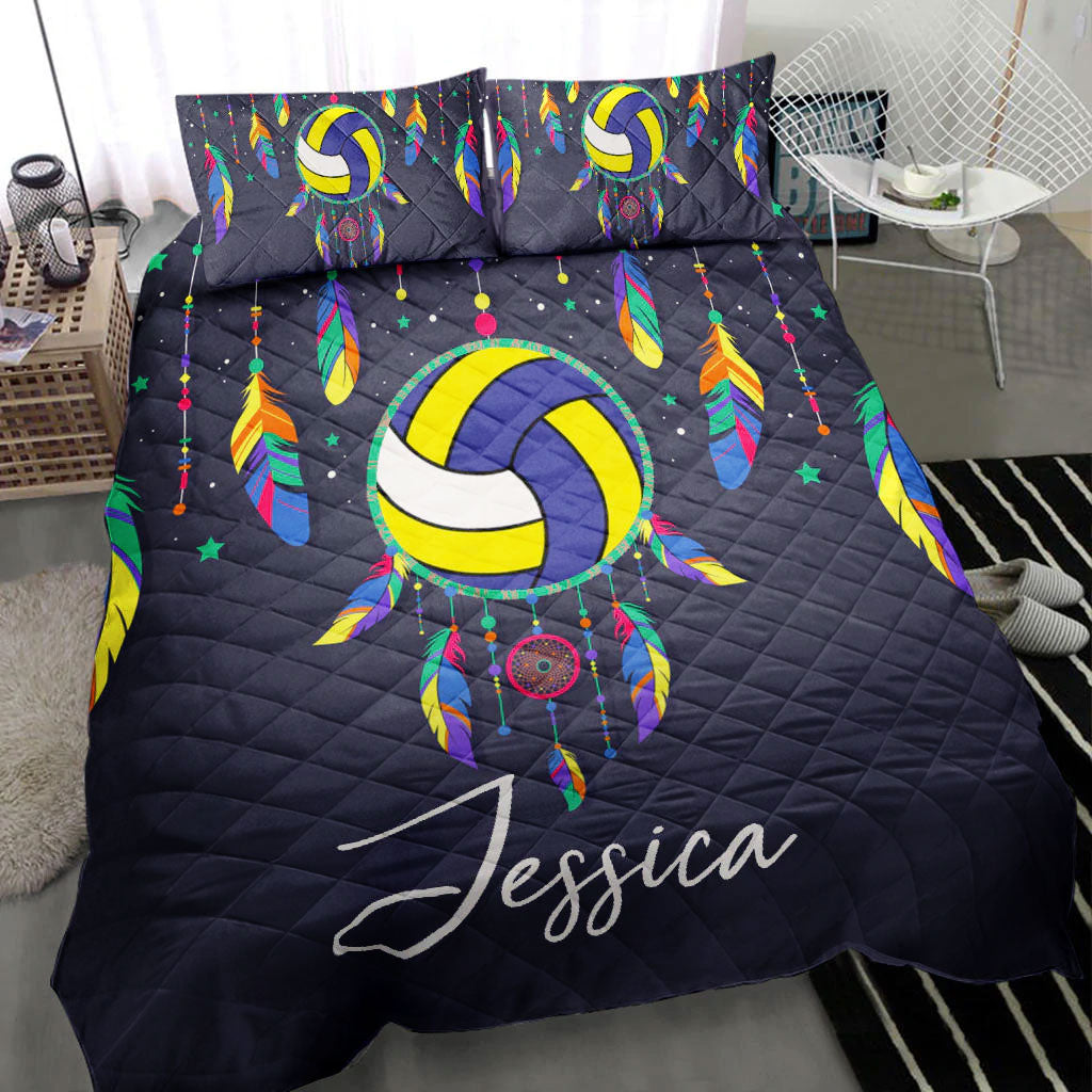 Ohaprints-Quilt-Bed-Set-Pillowcase-Volleyball-Ball-Dream-Catcher-Player-Fan-Gift-Black-Custom-Personalized-Name-Blanket-Bedspread-Bedding-2128-Throw (55'' x 60'')