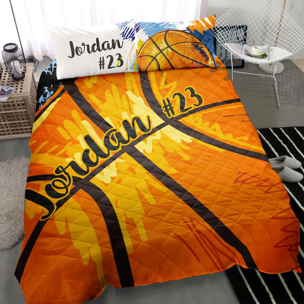 Ohaprints-Quilt-Bed-Set-Pillowcase-Basketball-Youth-Watercolor-Orange-Player-Fan-Custom-Personalized-Name-Number-Blanket-Bedspread-Bedding-2129-Throw (55'' x 60'')