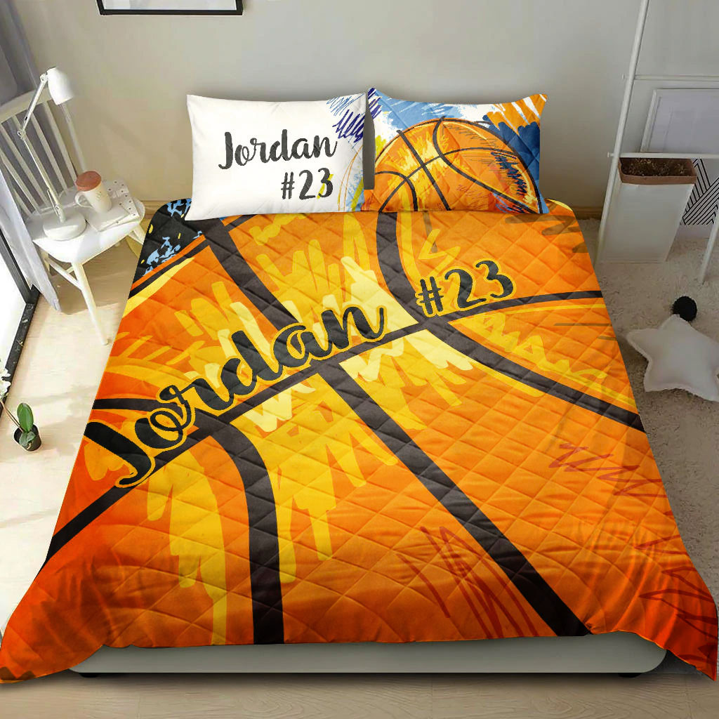 Ohaprints-Quilt-Bed-Set-Pillowcase-Basketball-Youth-Watercolor-Orange-Player-Fan-Custom-Personalized-Name-Number-Blanket-Bedspread-Bedding-2129-Double (70'' x 80'')