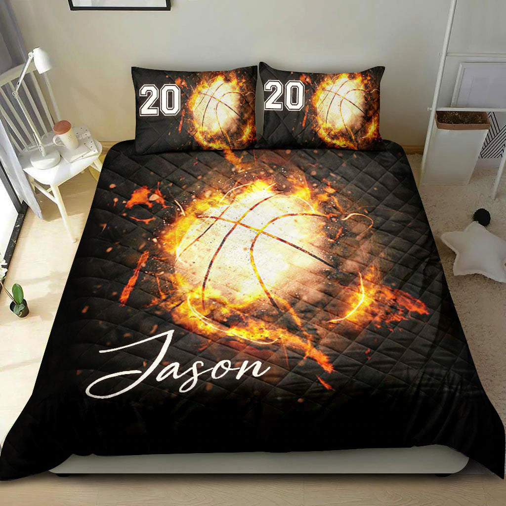 Ohaprints-Quilt-Bed-Set-Pillowcase-Basketball-Fire-Ball-Player-Fan-Gift-Black-Custom-Personalized-Name-Number-Blanket-Bedspread-Bedding-1545-Double (70'' x 80'')