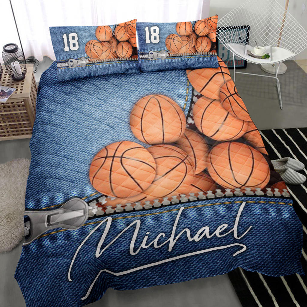 Ohaprints-Quilt-Bed-Set-Pillowcase-Basketball-Ball-Jeans-Pattern-Player-Fan-Blue-Custom-Personalized-Name-Number-Blanket-Bedspread-Bedding-966-Throw (55'' x 60'')