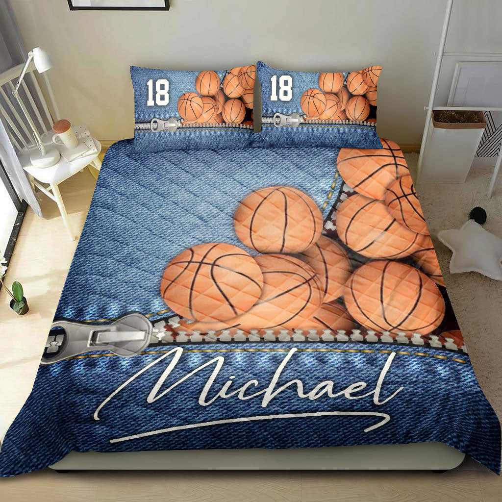 Ohaprints-Quilt-Bed-Set-Pillowcase-Basketball-Ball-Jeans-Pattern-Player-Fan-Blue-Custom-Personalized-Name-Number-Blanket-Bedspread-Bedding-966-Double (70'' x 80'')
