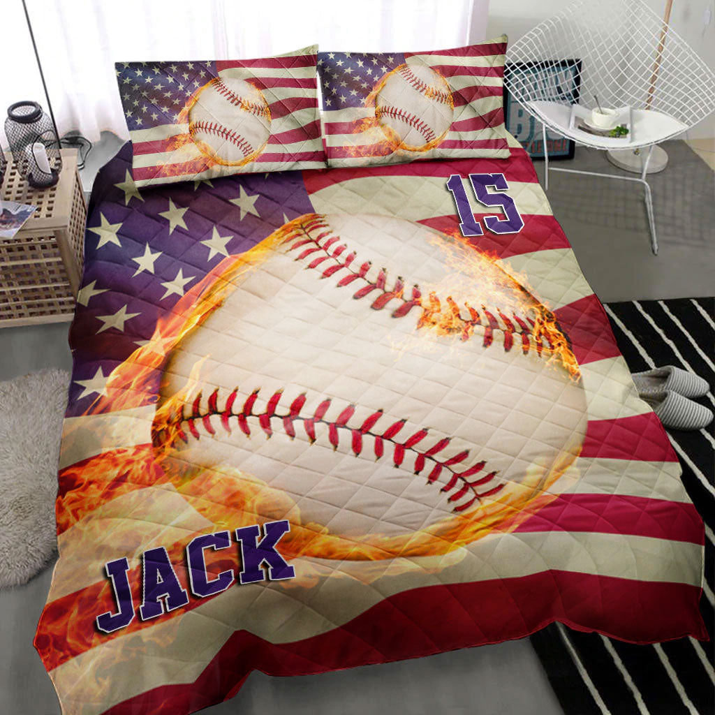 Ohaprints-Quilt-Bed-Set-Pillowcase-Baseball-Fire-Ball-America-Us-Flag-Player-Fan-Custom-Personalized-Name-Number-Blanket-Bedspread-Bedding-1549-Throw (55'' x 60'')