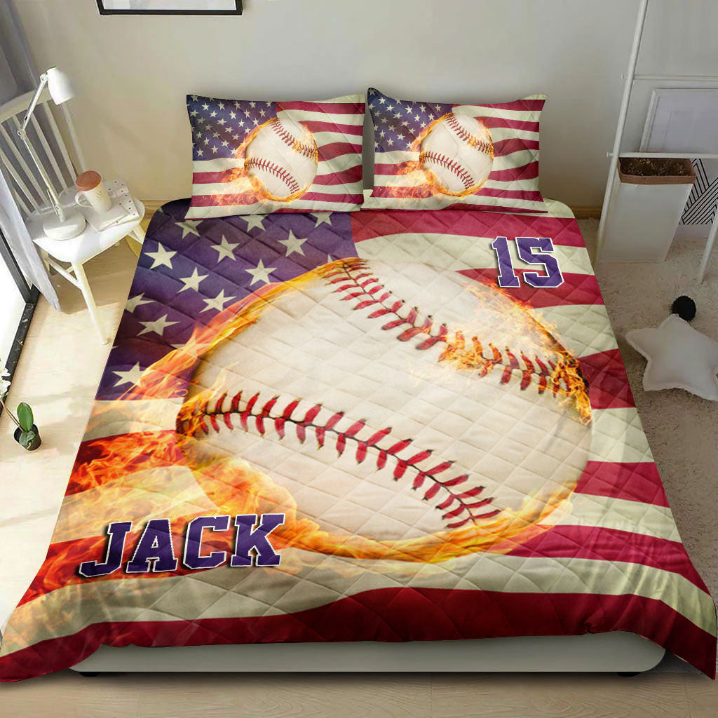 Ohaprints-Quilt-Bed-Set-Pillowcase-Baseball-Fire-Ball-America-Us-Flag-Player-Fan-Custom-Personalized-Name-Number-Blanket-Bedspread-Bedding-1549-Double (70'' x 80'')