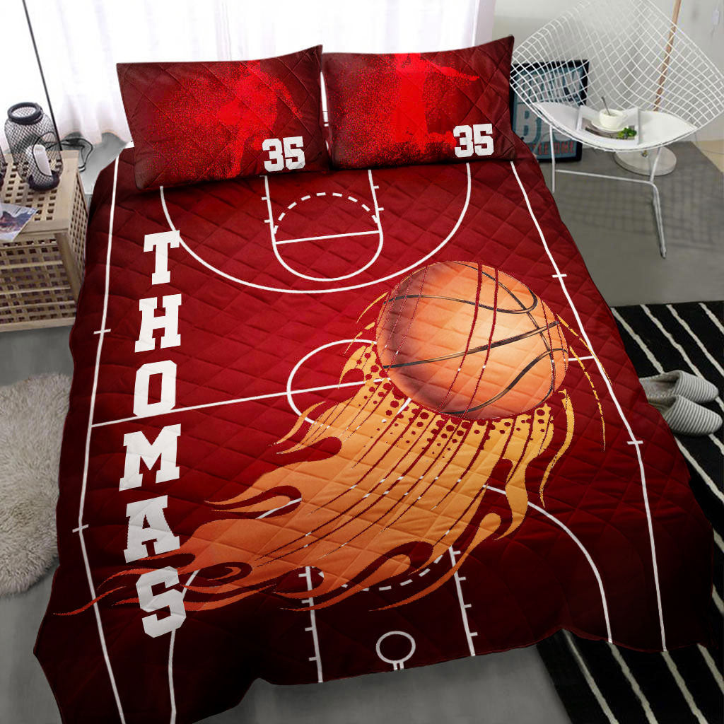 Ohaprints-Quilt-Bed-Set-Pillowcase-Basketball-Court-Red-Fire-Ball-Player-Fan-Gift-Custom-Personalized-Name-Number-Blanket-Bedspread-Bedding-2137-Throw (55'' x 60'')