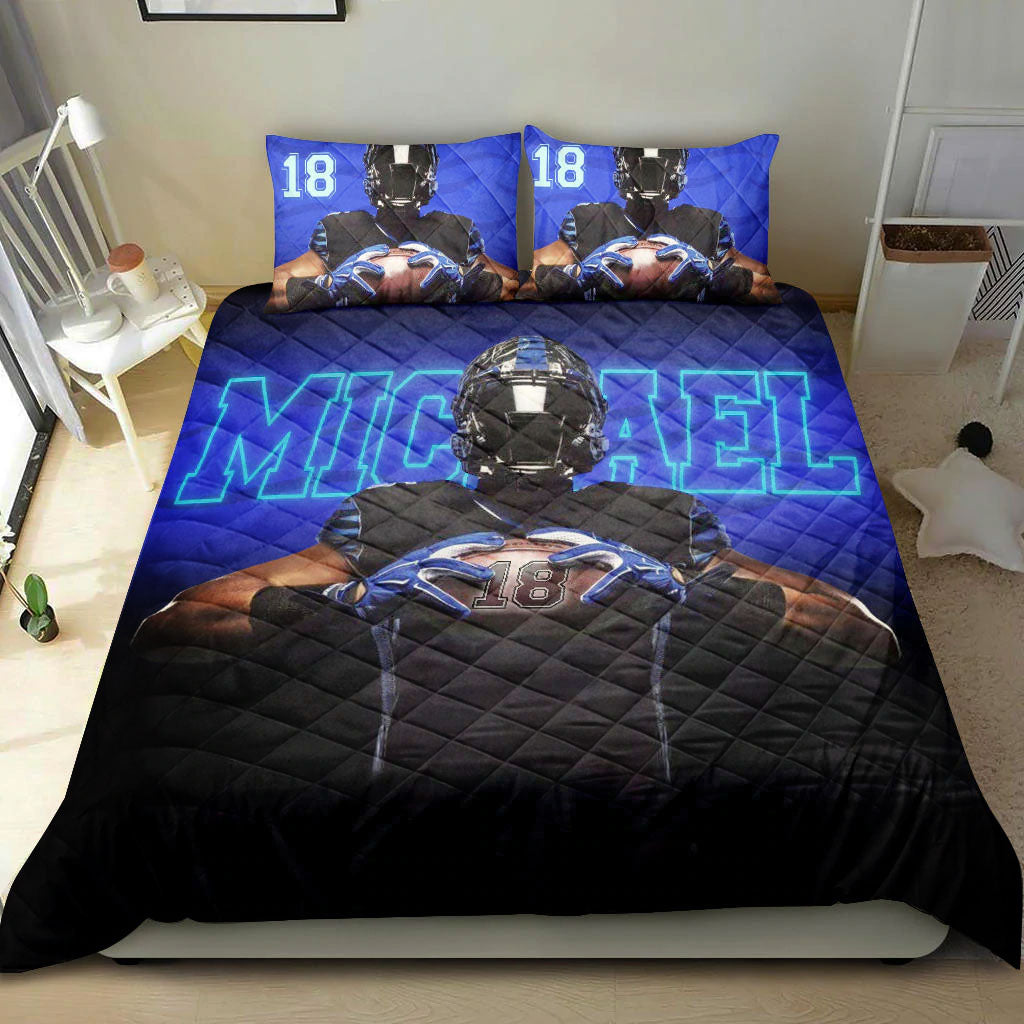 Ohaprints-Quilt-Bed-Set-Pillowcase-America-Football-Player-Fan-Gift-Blue-Black-3D-Custom-Personalized-Name-Number-Blanket-Bedspread-Bedding-2735-Double (70'' x 80'')