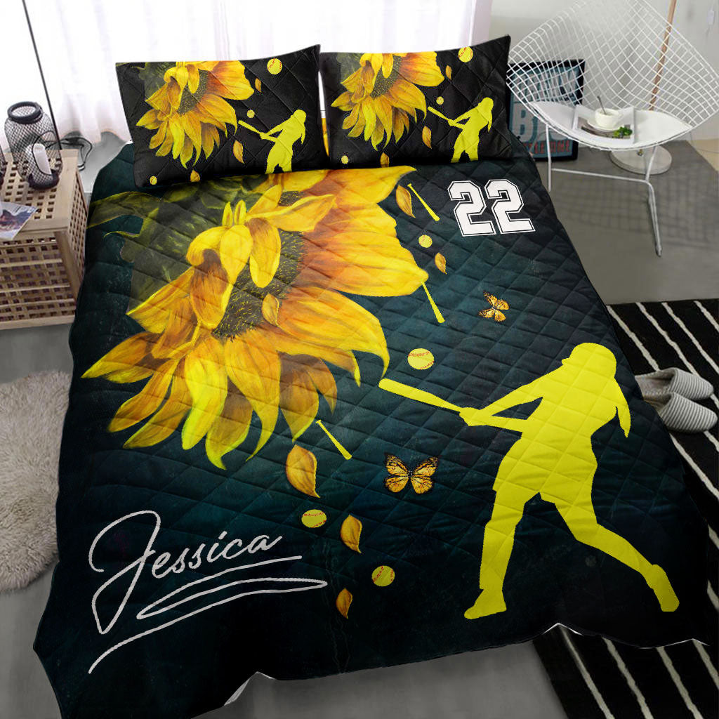 Ohaprints-Quilt-Bed-Set-Pillowcase-Softball-Girl-Player-Fan-Gift-Sunflower-Flower-Custom-Personalized-Name-Number-Blanket-Bedspread-Bedding-2736-Throw (55'' x 60'')