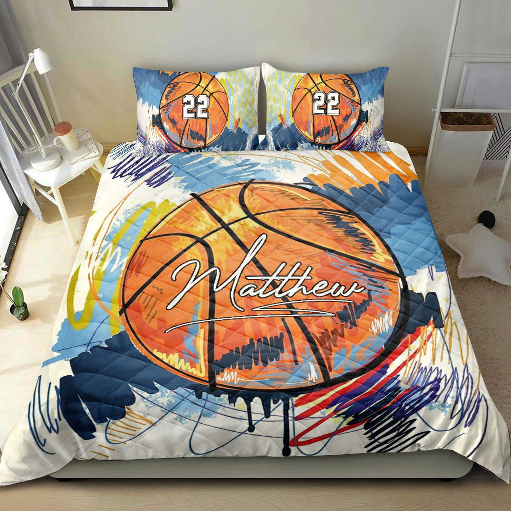 Ohaprints-Quilt-Bed-Set-Pillowcase-Basketball-Ball-Watercolor-Player-Fan-Gift-Custom-Personalized-Name-Number-Blanket-Bedspread-Bedding-385-Double (70'' x 80'')