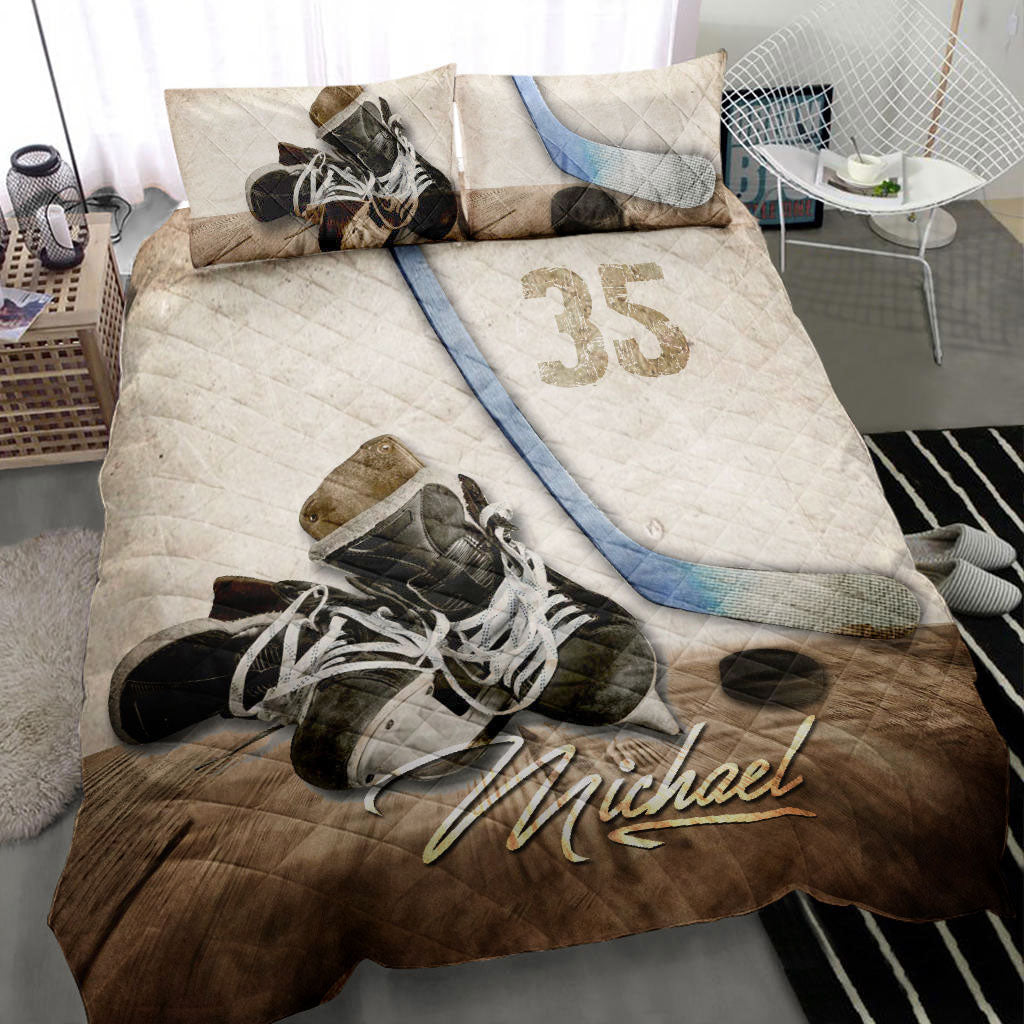 Ohaprints-Quilt-Bed-Set-Pillowcase-Hockey-Shoe-Vintage-Brown-Player-Fan-Gift-Idea-Custom-Personalized-Name-Number-Blanket-Bedspread-Bedding-978-Throw (55'' x 60'')