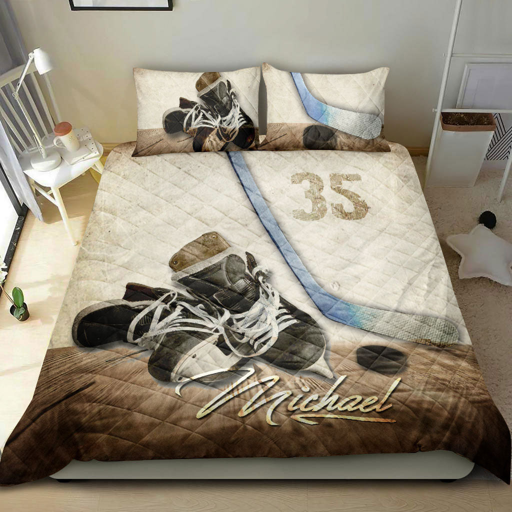 Ohaprints-Quilt-Bed-Set-Pillowcase-Hockey-Shoe-Vintage-Brown-Player-Fan-Gift-Idea-Custom-Personalized-Name-Number-Blanket-Bedspread-Bedding-978-Double (70'' x 80'')