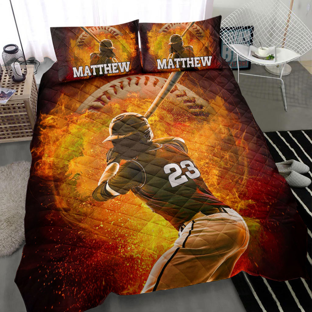 Ohaprints-Quilt-Bed-Set-Pillowcase-Baseball-Fire-Batter-Posing-Player-Fan-Gift-Custom-Personalized-Name-Number-Blanket-Bedspread-Bedding-388-Throw (55'' x 60'')