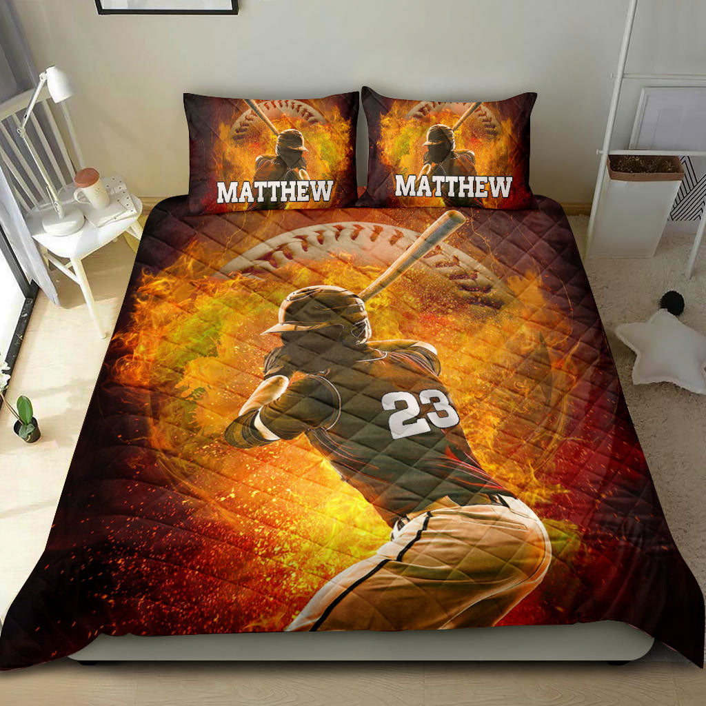 Ohaprints-Quilt-Bed-Set-Pillowcase-Baseball-Fire-Batter-Posing-Player-Fan-Gift-Custom-Personalized-Name-Number-Blanket-Bedspread-Bedding-388-Double (70'' x 80'')