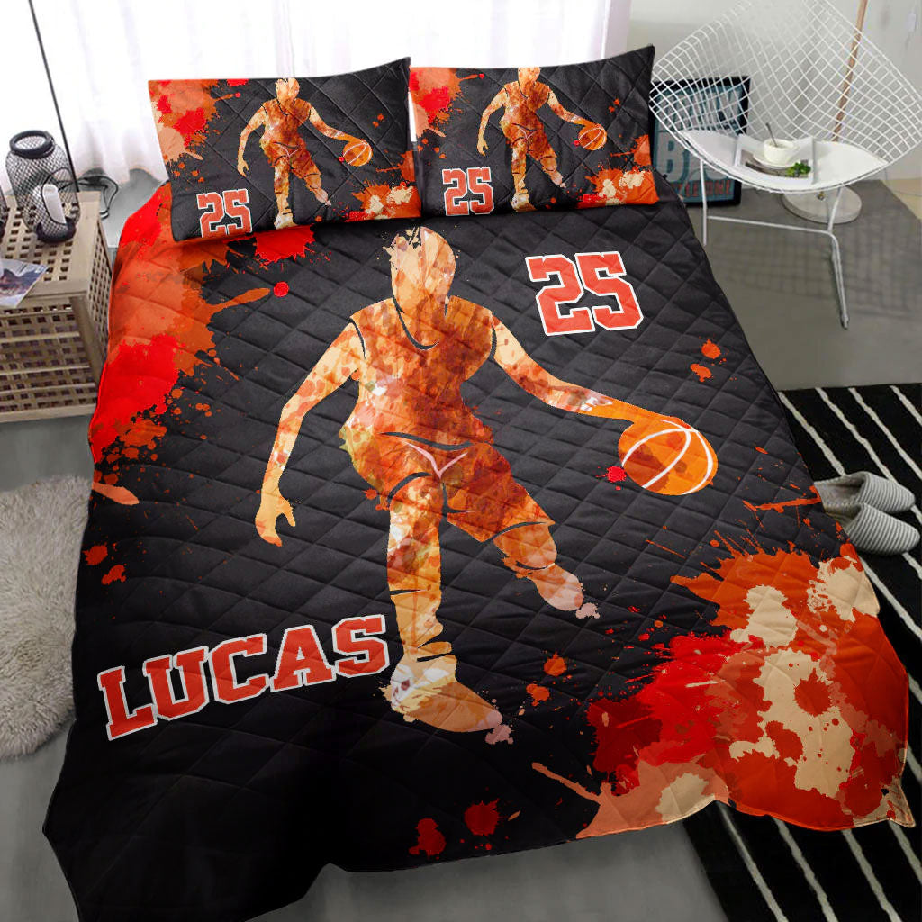 Ohaprints-Quilt-Bed-Set-Pillowcase-Basketball-Boy-Player-Red-Orange-Watercolor-Custom-Personalized-Name-Number-Blanket-Bedspread-Bedding-2148-Throw (55'' x 60'')