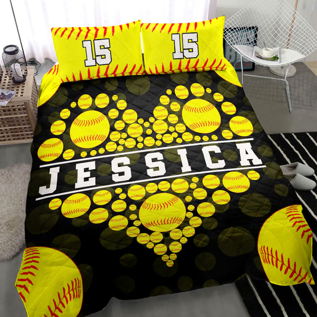 Ohaprints-Quilt-Bed-Set-Pillowcase-Softball-Ball-Heart-Yellow-Black-Player-Fan-Custom-Personalized-Name-Number-Blanket-Bedspread-Bedding-1628-Throw (55'' x 60'')