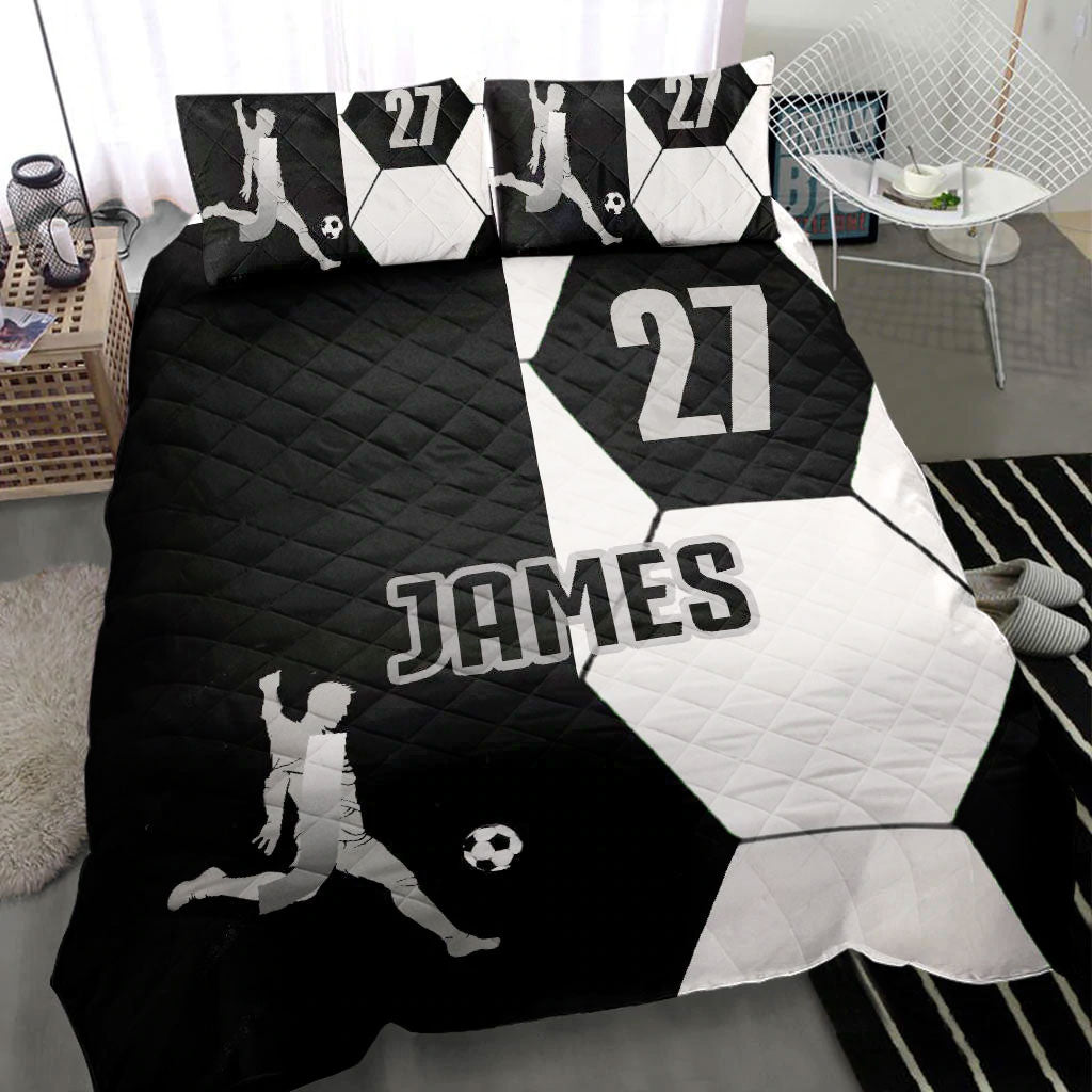 Ohaprints-Quilt-Bed-Set-Pillowcase-Soccer-Pattern-Boy-Player-Fan-Gift-Black-White-Custom-Personalized-Name-Number-Blanket-Bedspread-Bedding-1046-Throw (55'' x 60'')