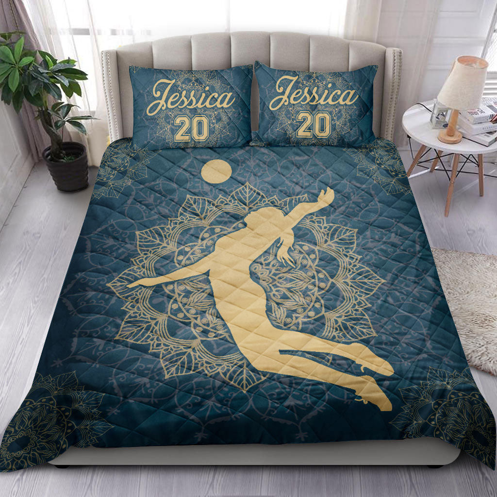 Ohaprints-Quilt-Bed-Set-Pillowcase-Volleyball-Mandala-Blue-Girl-Player-Fan-Gift-Custom-Personalized-Name-Number-Blanket-Bedspread-Bedding-1631-Double (70'' x 80'')