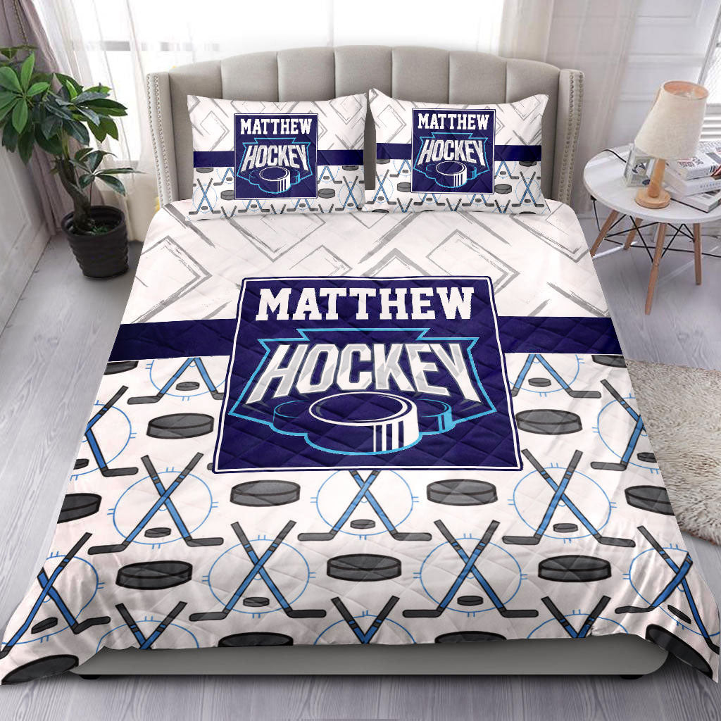 Ohaprints-Quilt-Bed-Set-Pillowcase-Hockey-Stick-Puck-Pattern-White-Player-Fan-Custom-Personalized-Name-Number-Blanket-Bedspread-Bedding-2747-Throw (55'' x 60'')