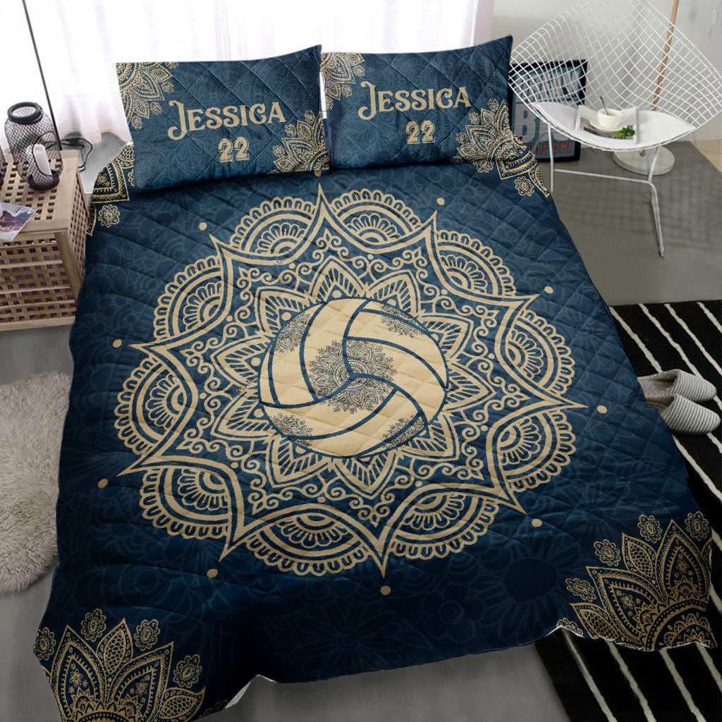 Ohaprints-Quilt-Bed-Set-Pillowcase-Volleyball-Ball-Mandala-Blue-Player-Fan-Gift-Custom-Personalized-Name-Number-Blanket-Bedspread-Bedding-1049-Throw (55'' x 60'')