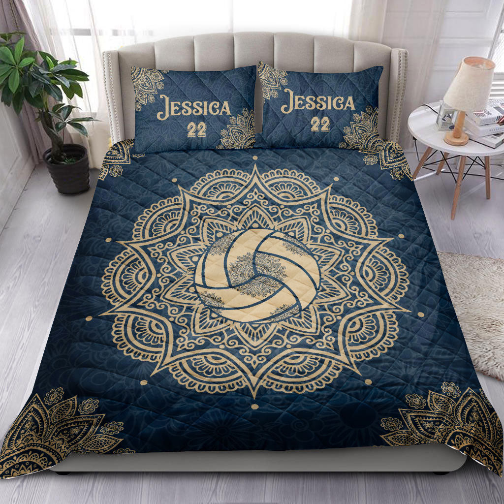 Ohaprints-Quilt-Bed-Set-Pillowcase-Volleyball-Ball-Mandala-Blue-Player-Fan-Gift-Custom-Personalized-Name-Number-Blanket-Bedspread-Bedding-1049-Double (70'' x 80'')